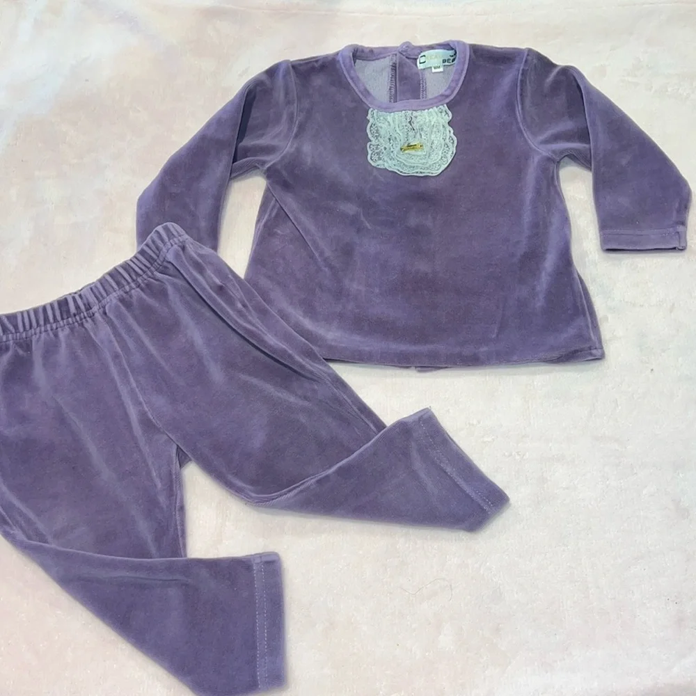 Children's Purple Velour Matching Set with Lace Detail -